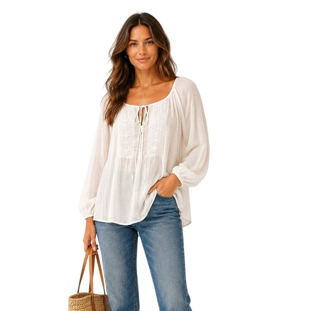 Lauren Ralph Lauren Women's Cotton Gauze Peasant Tie Neck Blouse Top Size Large